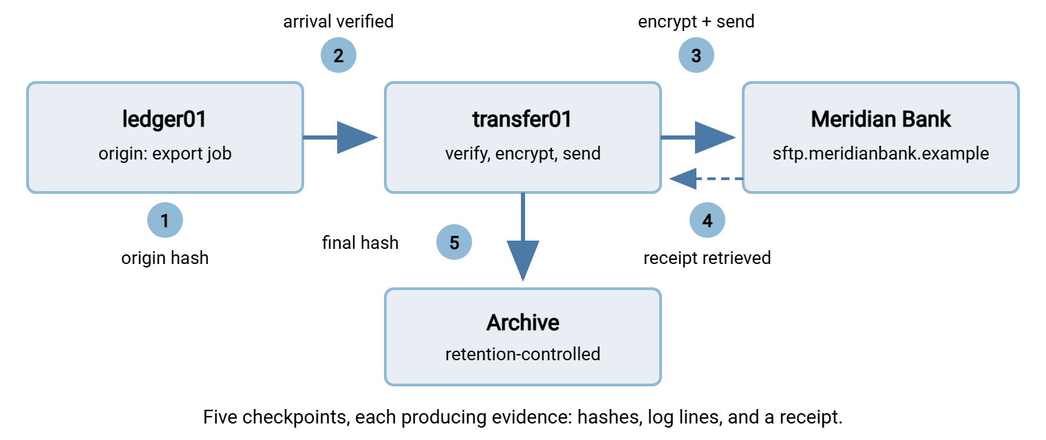 A benefits file's journey from the origin system ledger01 to the transfer server transfer01, then to the partner endpoint at Meridian Bank, with the original archived. Five custody checkpoints mark where evidence is recorded: origin hash, arrival verification, encrypt and send, partner receipt, and archive.