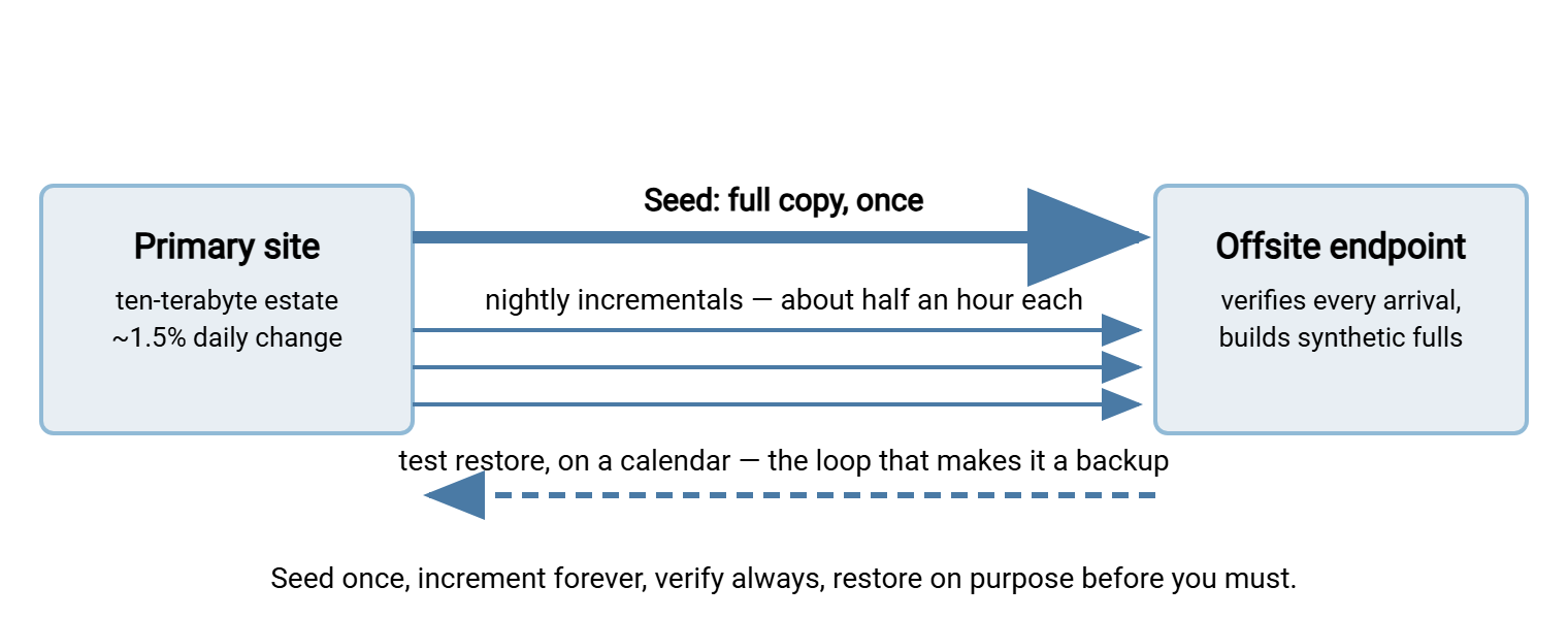 Seed then incremental pattern. A primary site sends one large seed transfer to an offsite endpoint, then small nightly incrementals. A verification check runs on every arrival, and a dashed test-restore arrow returns from the offsite endpoint to the primary site on a schedule.