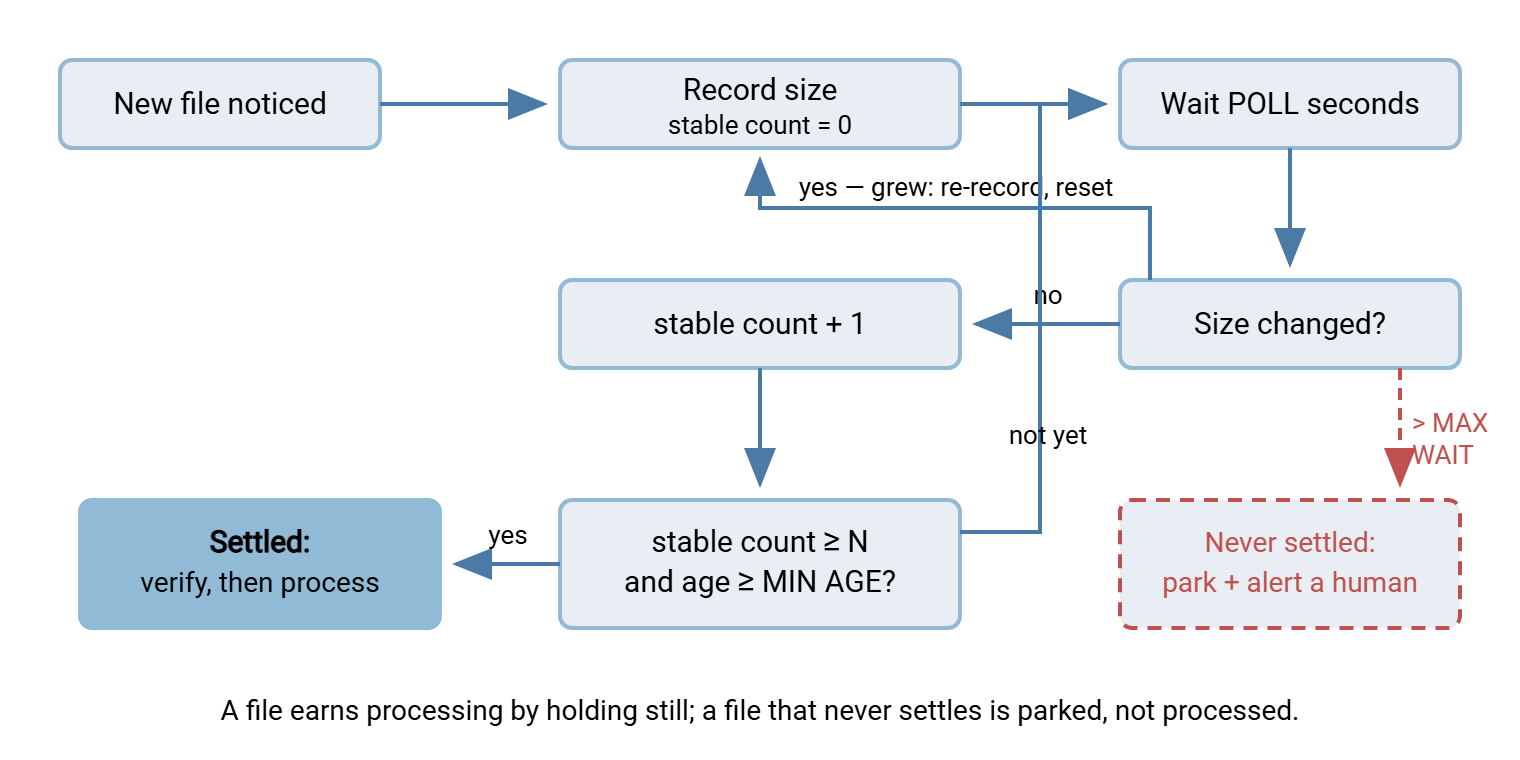 Flowchart of a settle check: record the file size, wait, and compare. A changed size re-records and resets the stable count. An unchanged size increments it. Enough stable rounds plus minimum age lead to verify and process; exceeding the maximum wait parks the file and alerts.