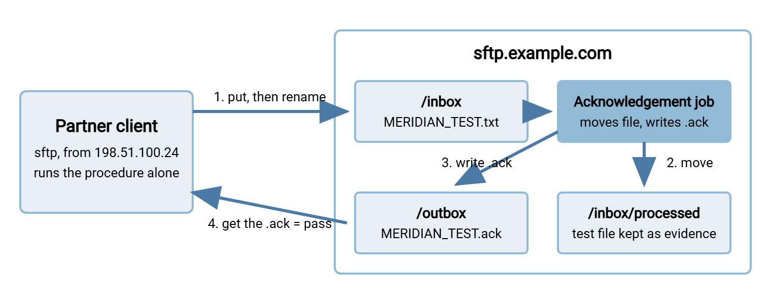 Diagram of the test round trip. The partner client on the left uploads MERIDIAN_TEST.txt.tmp to /inbox and renames it. On the server, an acknowledgement job moves the file to /inbox/processed and writes MERIDIAN_TEST.ack into /outbox. The partner then downloads the acknowledgement from /outbox, which is the pass.