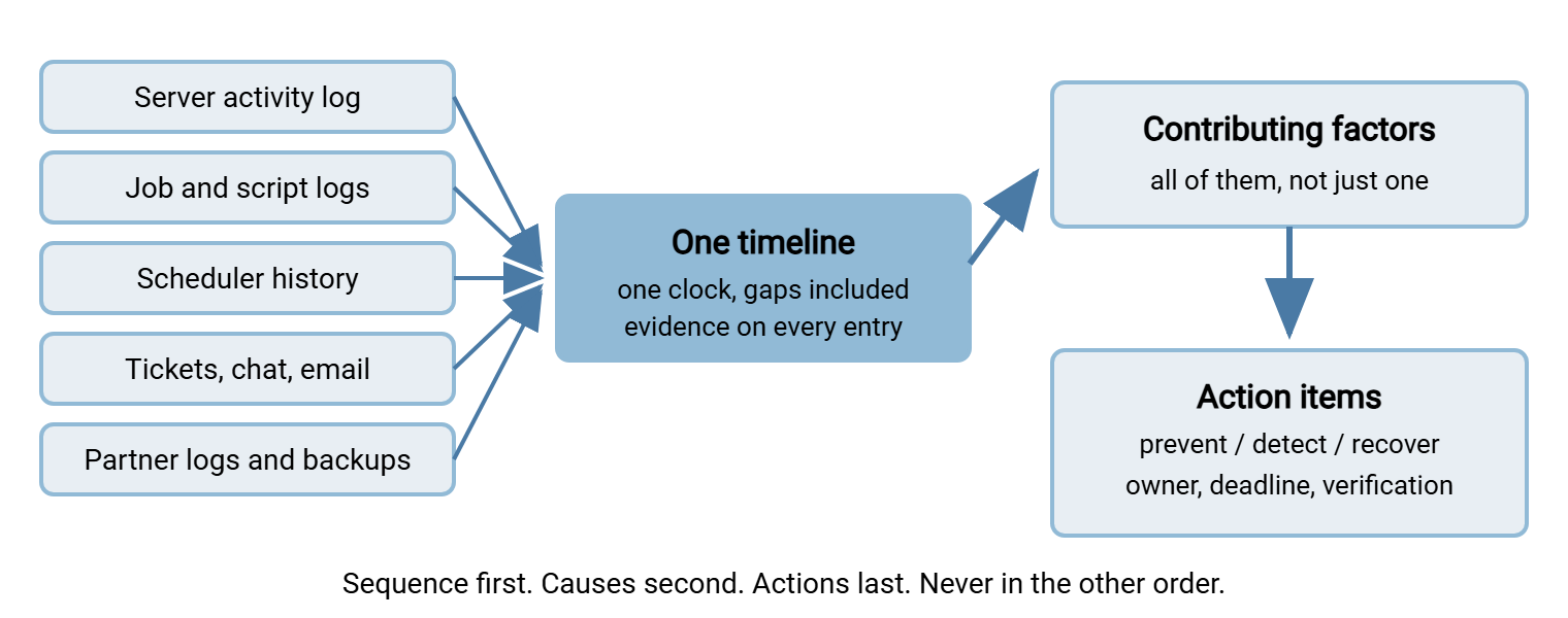 Diagram of the postmortem method: five evidence sources on the left — server activity log, job logs, scheduler history, tickets and chat, and partner logs — feed into a single clock-normalized timeline in the center, which leads to a list of contributing factors and then to action items grouped as prevent, detect, and recover.