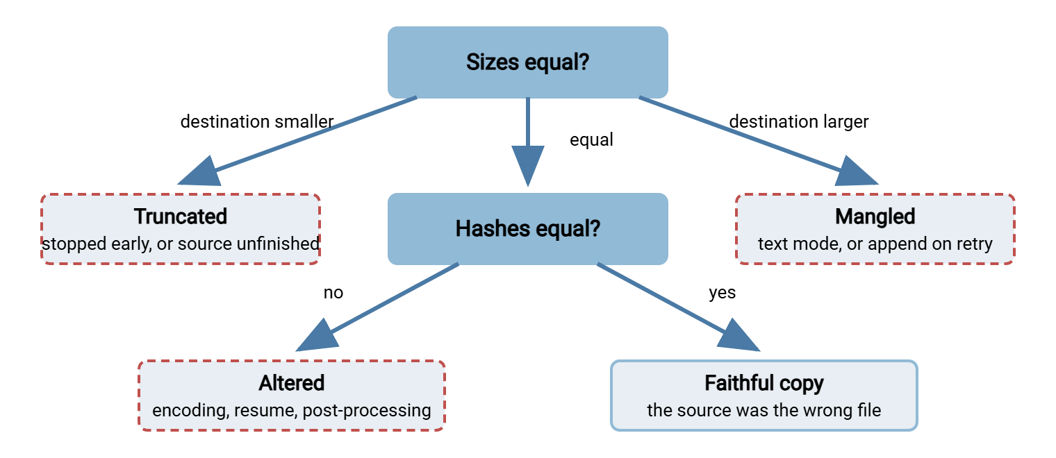 Decision flow for a wrong file. First question: are the sizes equal? If the destination is smaller, the file is truncated. If larger, it was mangled by text mode or a double append. If equal, second question: are the hashes equal? If not, the content was altered in flight or after arrival. If equal, the transfer was faithful and the source itself was the wrong file.