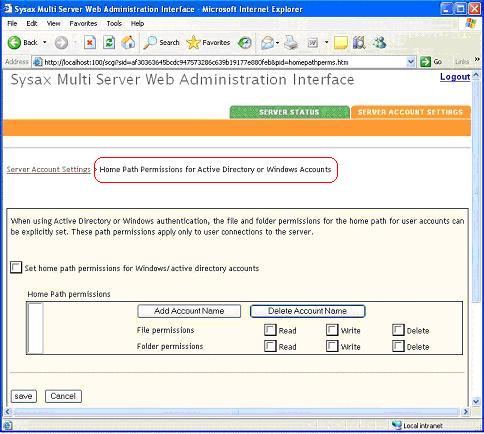 Home Path Permissions Selections